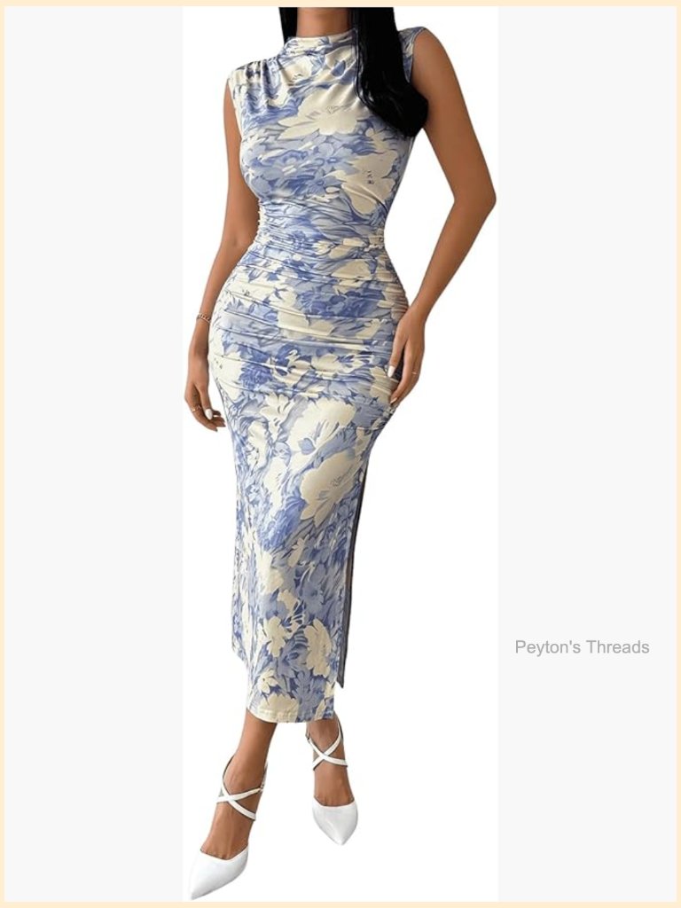 Mock Neck Ruched Floral Bodycon Midi Dress Sleeveless Split Thigh